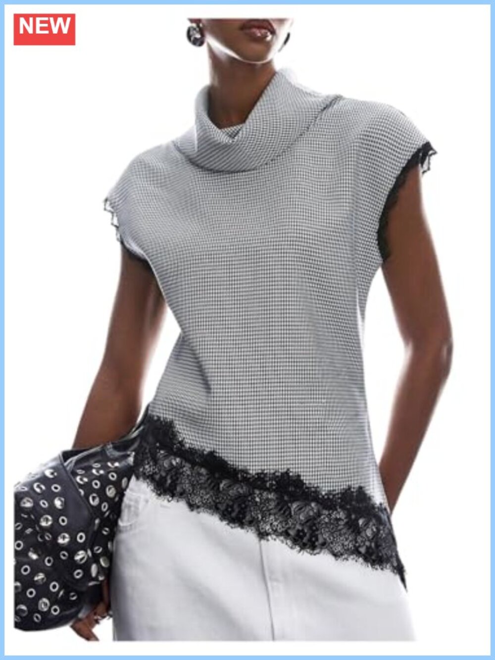 Lace Mock Neck Houndstooth Blouse Cap Sleeve Asymmetrical Hem Office Top